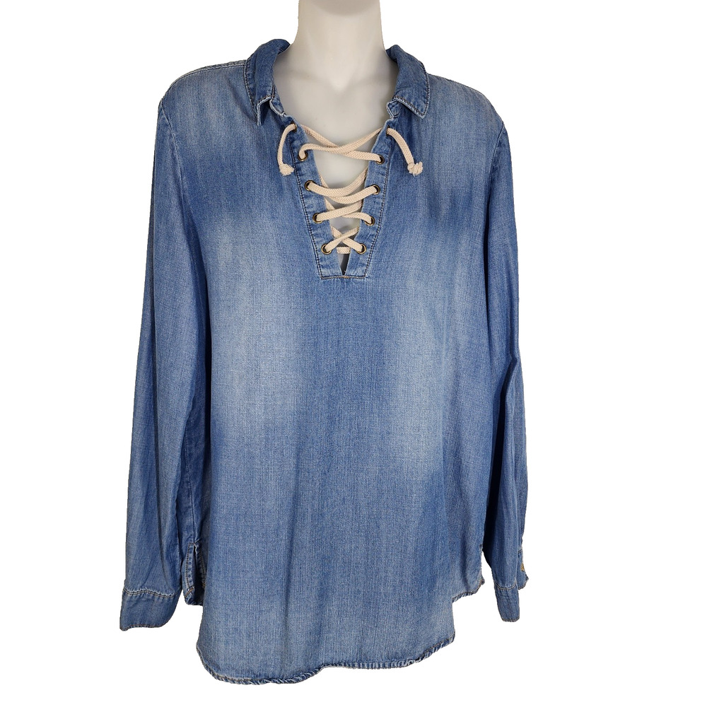 Andrea Jovine Womens Popover Top XL Blue Denim Chambray Collared Lace Up Tencel